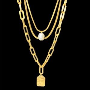 Triple Layered Necklace Stack Gold Plated Face Pearl Pendants